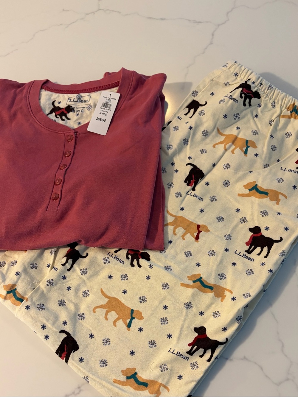 L.L. Bean Med Reg Dark Pink Cotton Top Dashing Dogs Flannel Pajama Pants Set NWT